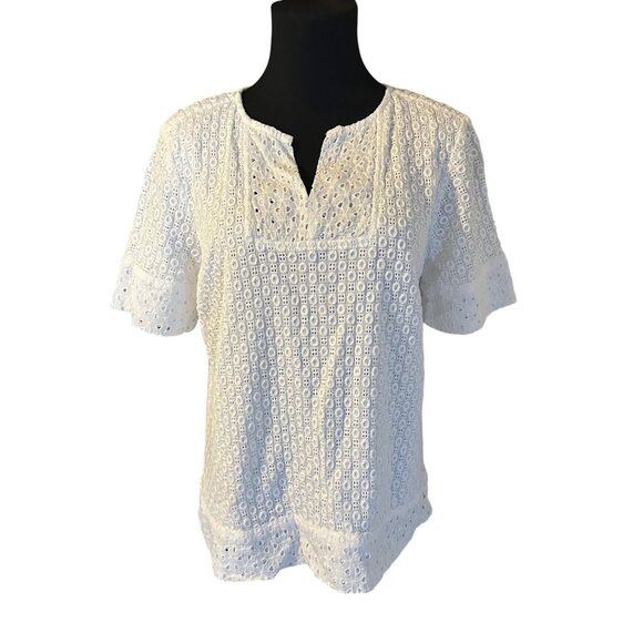 Chico's Tops - Chico's cotton v-neck white eyelet top size 1 u.s. 8/10